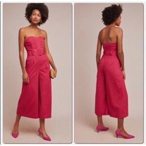 NEW! Ett Twa Anthropologie Haley‎ Strapless Jumpsuit Pink Jacquard Wide Leg Sz 8